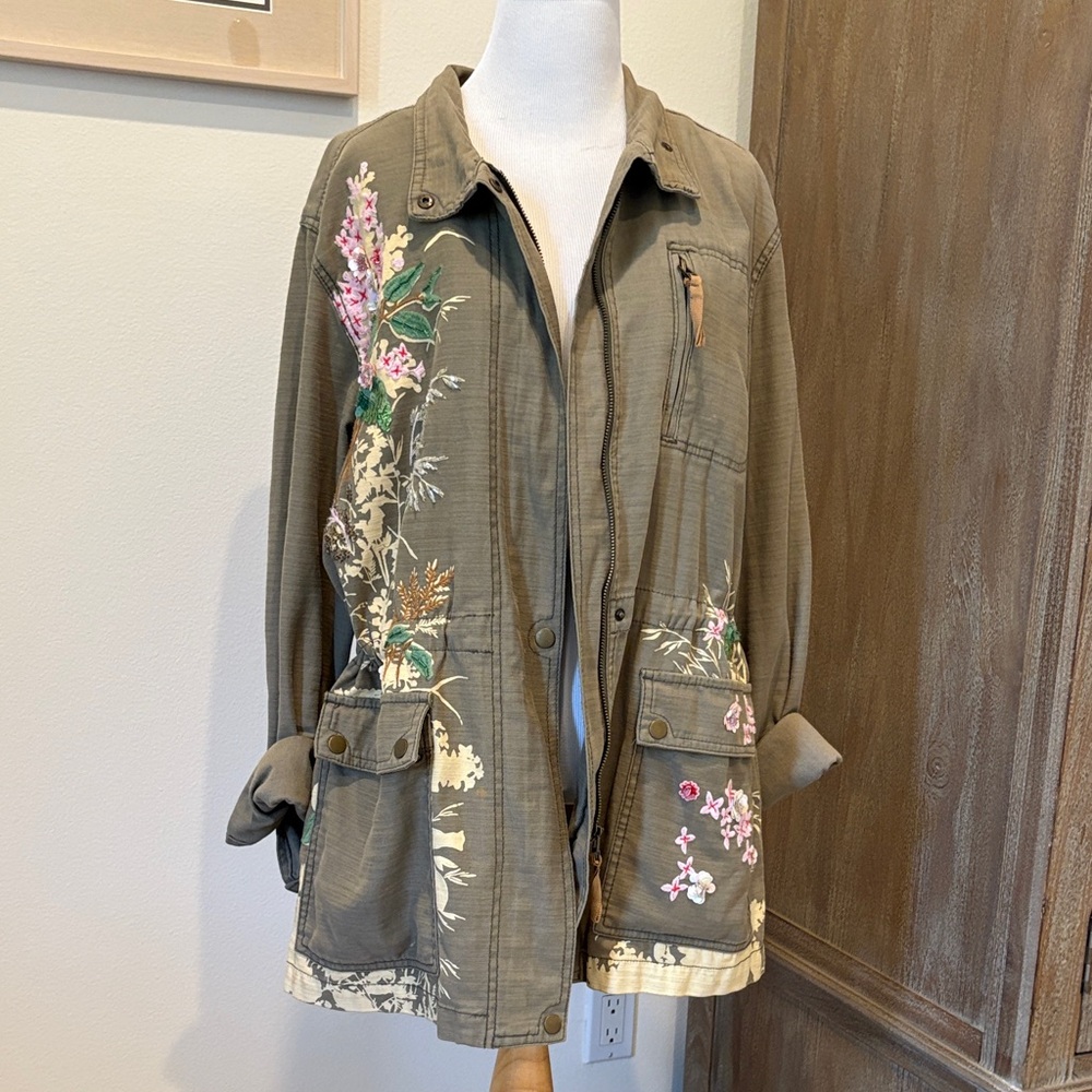 Anthropologie Olive Floral Utility Jacket